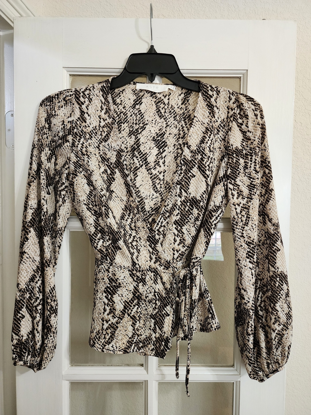ASTR The Label Snake Print Wrap Blouse Tie Waist Balloon Sleeve XS